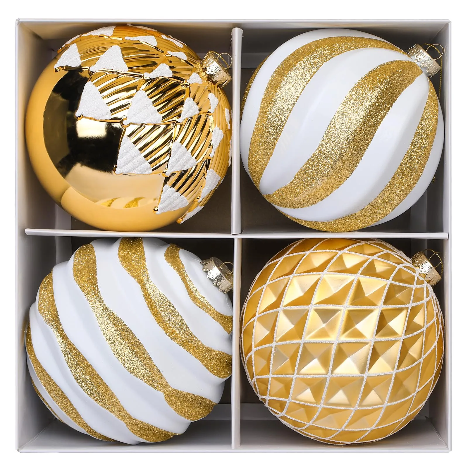 4Pcs 6''/150mm Gold & White Large Christmas Ball Ornaments with Hooks