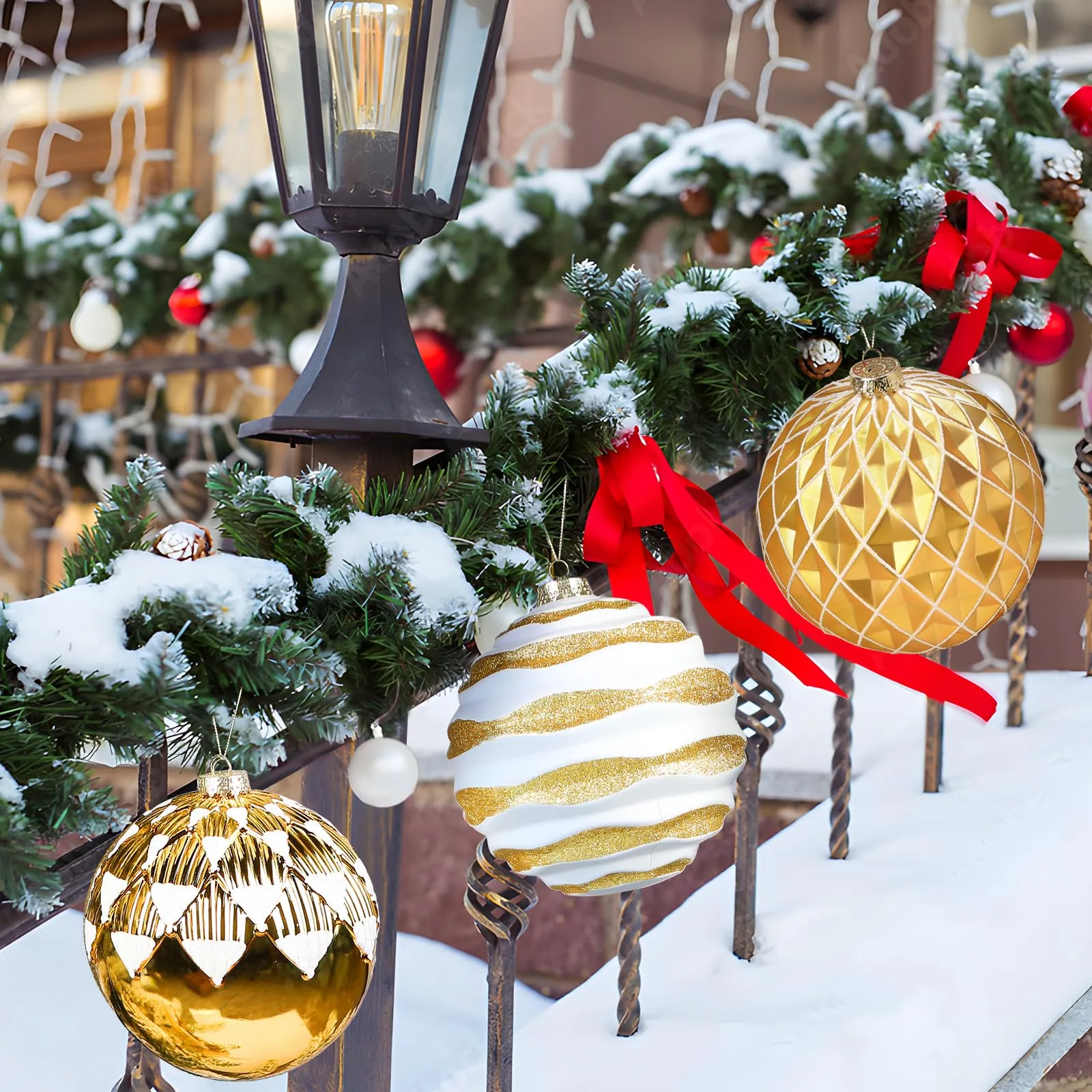 4Pcs 6''/150mm Gold & White Large Christmas Ball Ornaments with Hooks