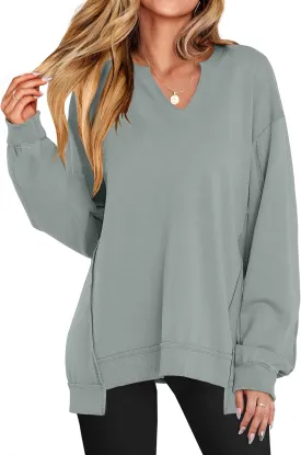 ANRABESS Women's Oversized Sweatshirts Long Sleeve Tunic Shirts V Neck Loose Pullover Tops 2025 Trendy Fall Teen Girls Outfit