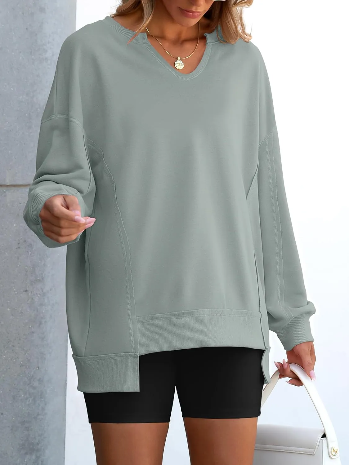 ANRABESS Women's Oversized Sweatshirts Long Sleeve Tunic Shirts V Neck Loose Pullover Tops 2025 Trendy Fall Teen Girls Outfit