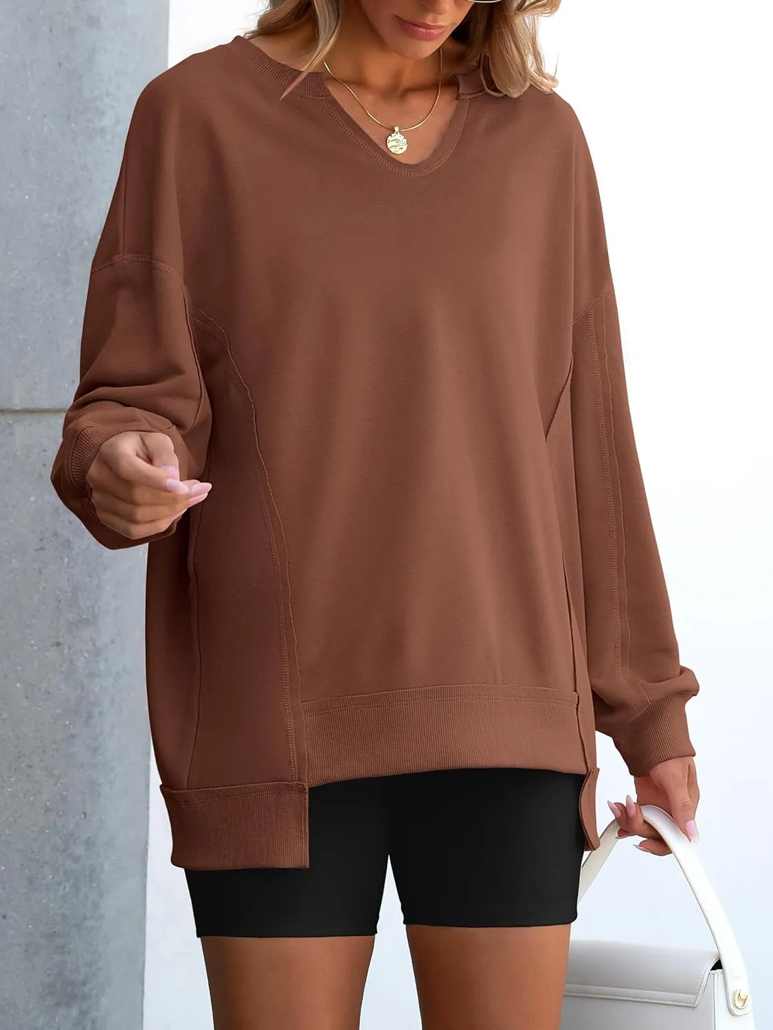 ANRABESS Women's Oversized Sweatshirts Long Sleeve Tunic Shirts V Neck Loose Pullover Tops 2025 Trendy Fall Teen Girls Outfit