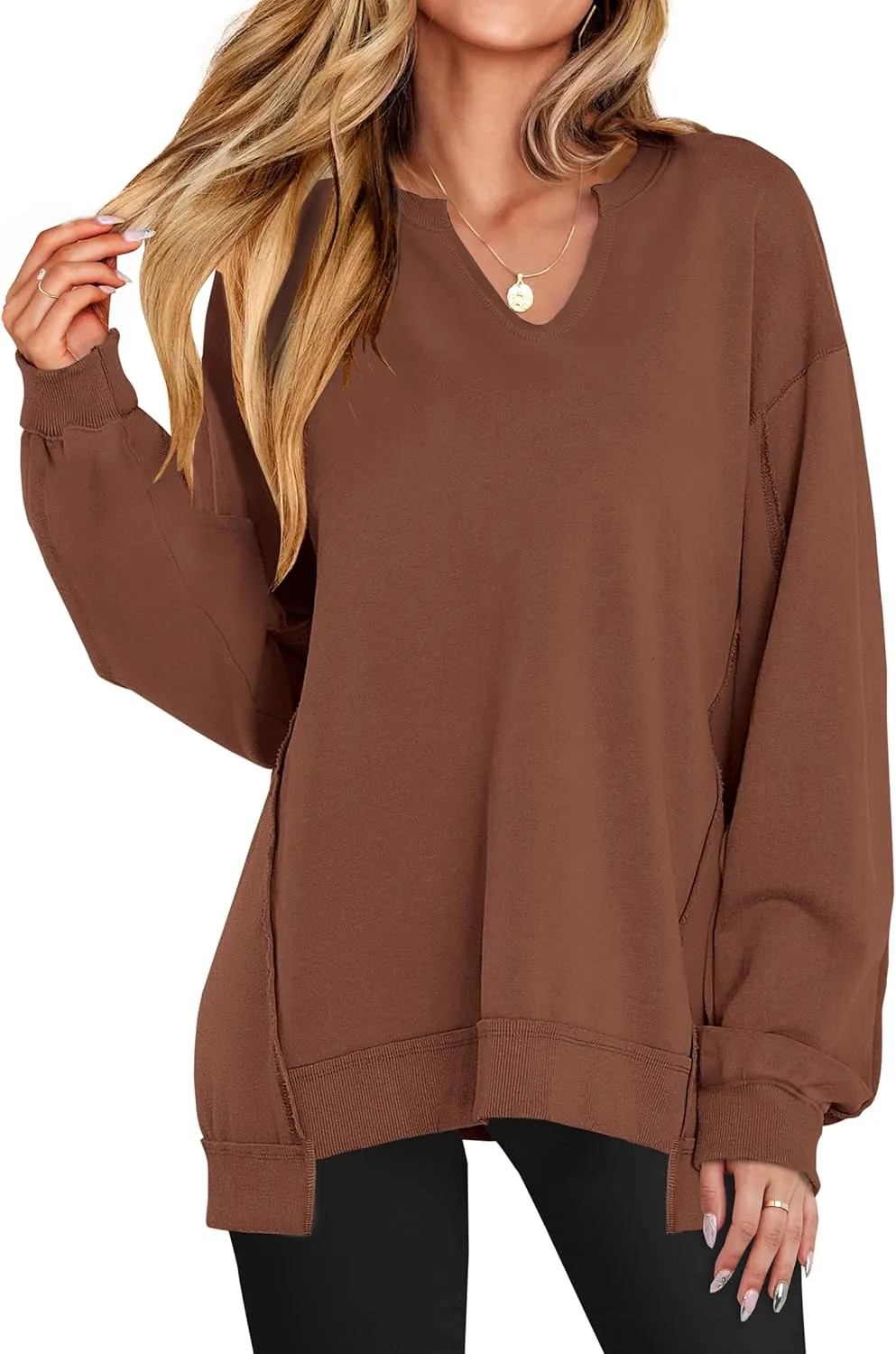 ANRABESS Women's Oversized Sweatshirts Long Sleeve Tunic Shirts V Neck Loose Pullover Tops 2025 Trendy Fall Teen Girls Outfit