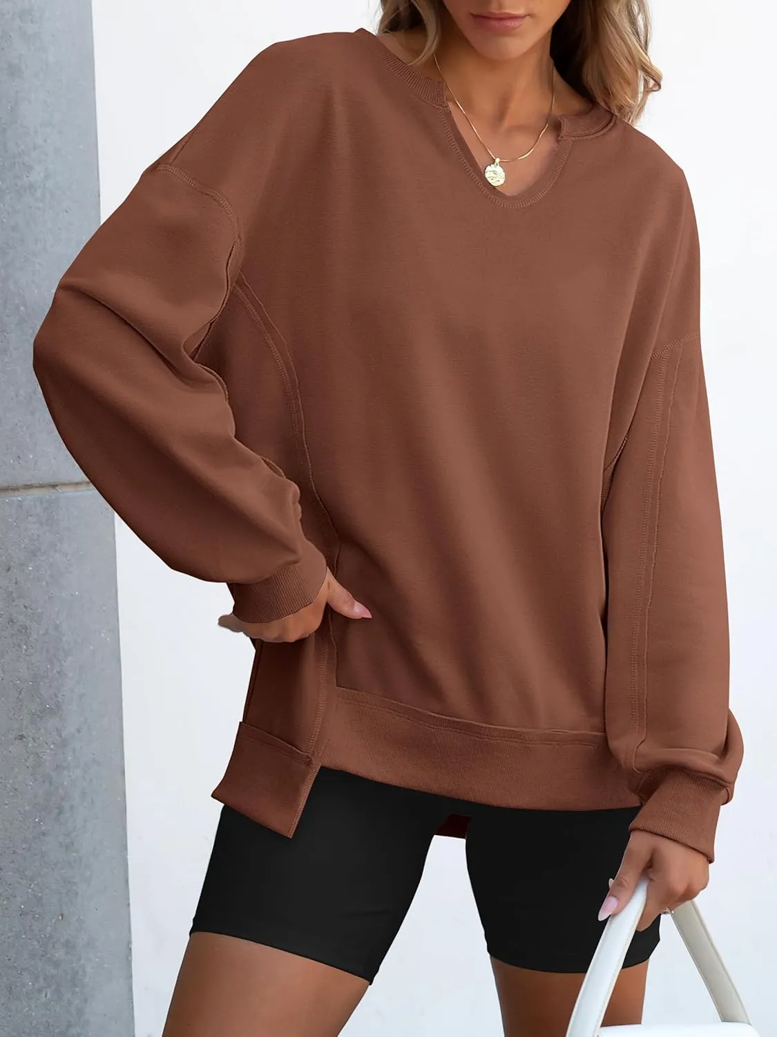 ANRABESS Women's Oversized Sweatshirts Long Sleeve Tunic Shirts V Neck Loose Pullover Tops 2025 Trendy Fall Teen Girls Outfit