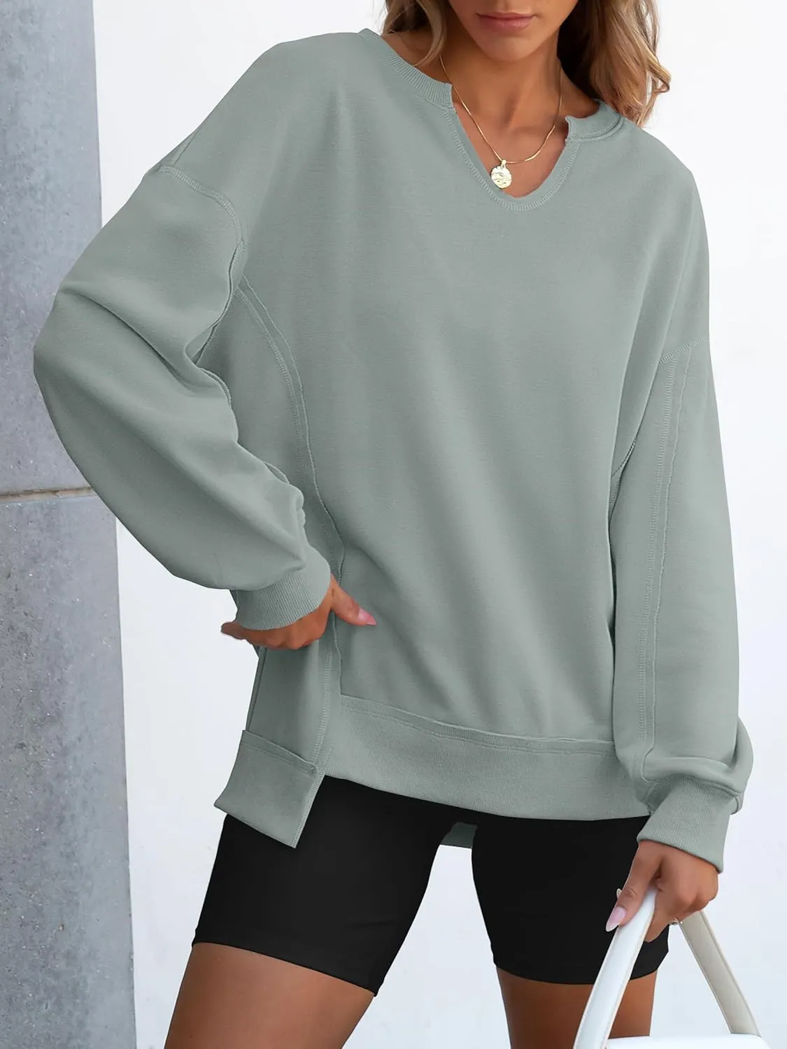 ANRABESS Women's Oversized Sweatshirts Long Sleeve Tunic Shirts V Neck Loose Pullover Tops 2025 Trendy Fall Teen Girls Outfit