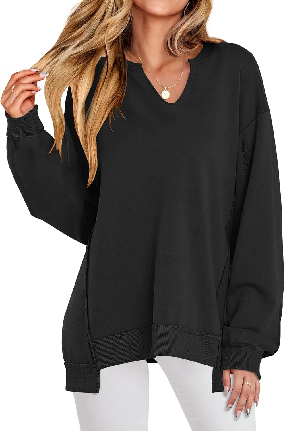 ANRABESS Women's Oversized Sweatshirts Long Sleeve Tunic Shirts V Neck Loose Pullover Tops 2025 Trendy Fall Teen Girls Outfit
