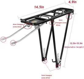 Bike Cargo Rack Cargo Universal Adjustable Bicycle Rear Luggage Touring Carrier Racks 55lbs Capacity Quick Release Mountain Road Bike Pannier Rack for 26"-29" Frames