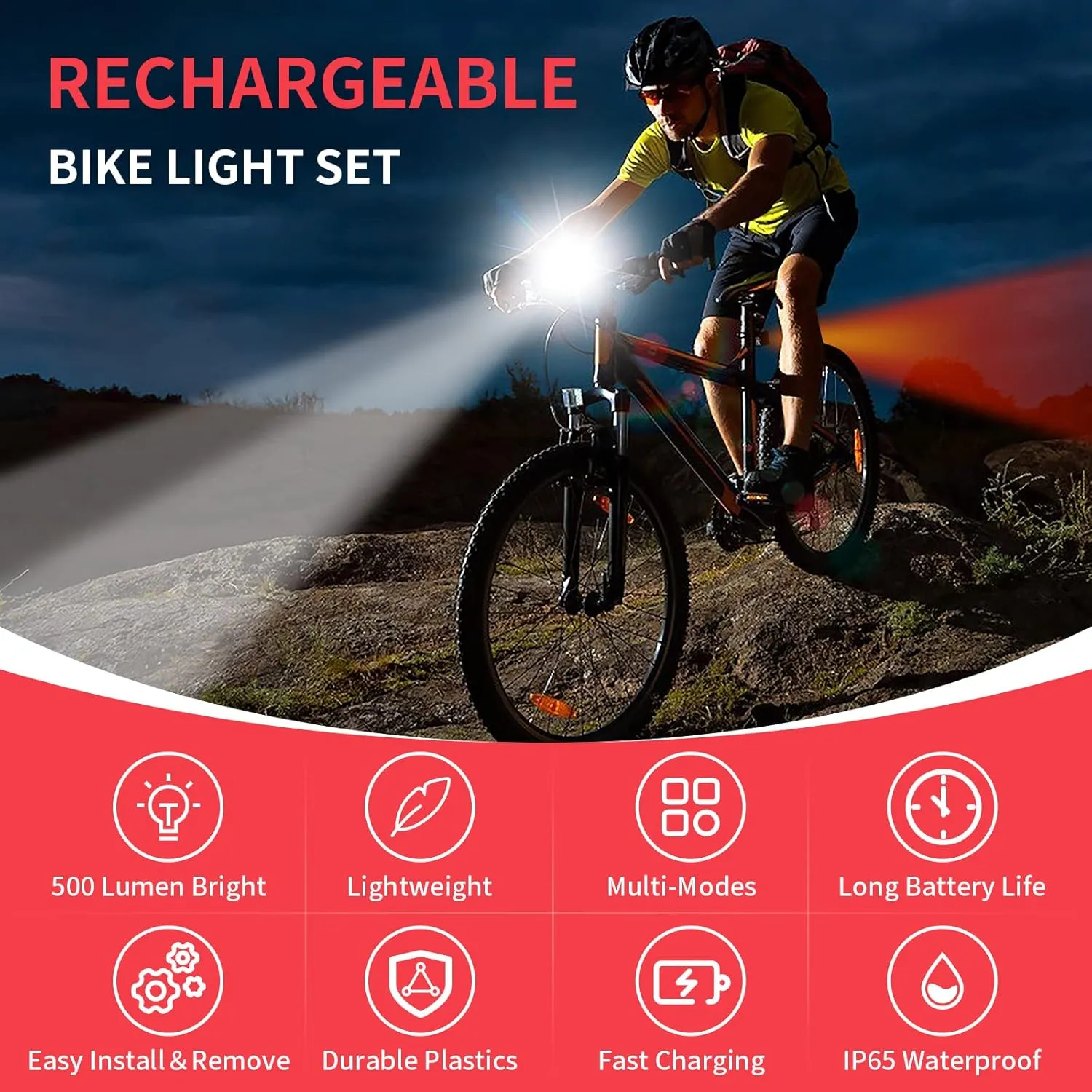 Bike Light Rechargeable Bicycle Lights Super Bright Headlight and Taillight Set LED Mountain Bike Lights Front and Back Flashlight