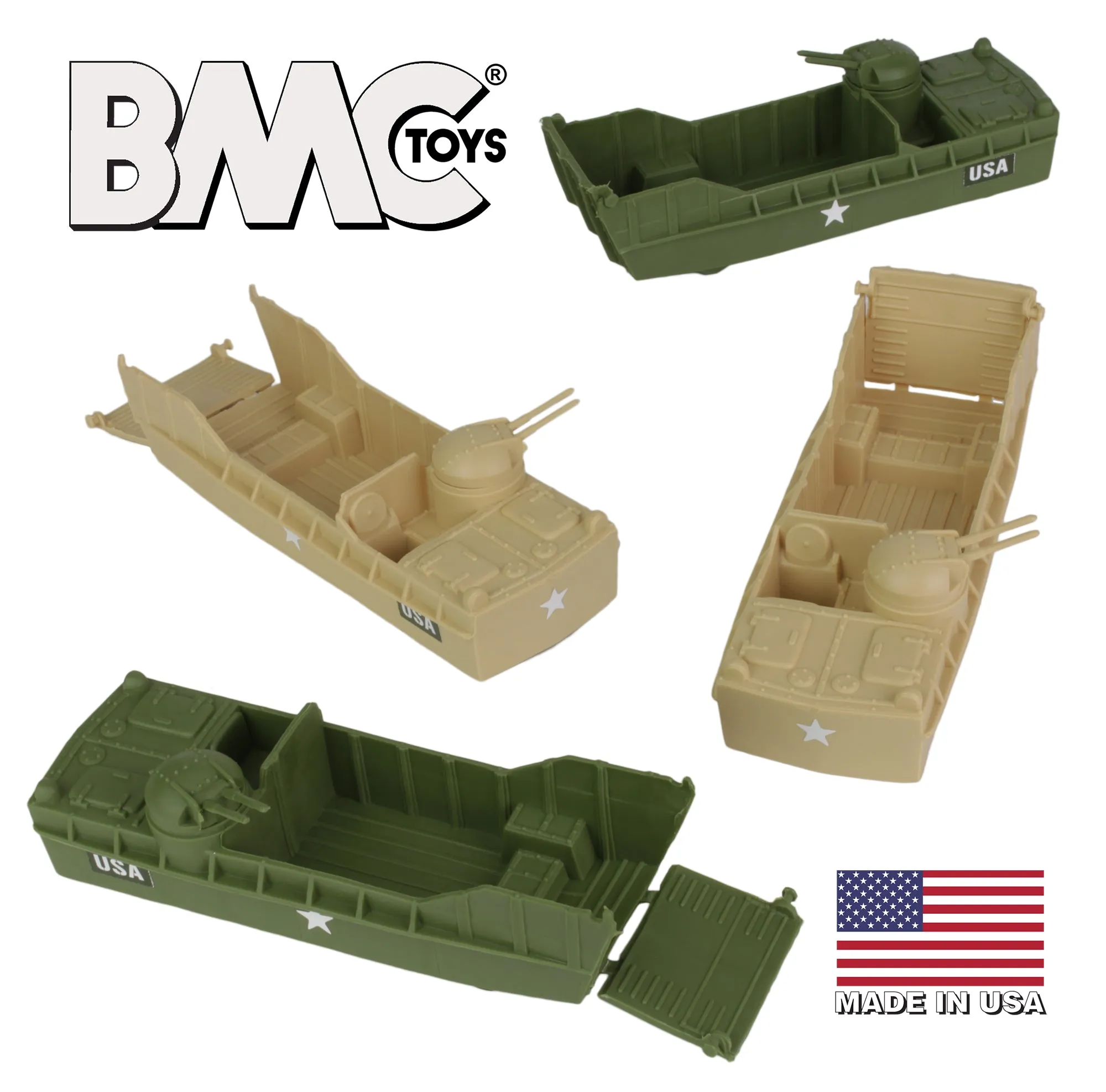 BMC Classic Marx Landing Craft - 4pc Tan vs. OD Green Plastic Army Men Vehicles