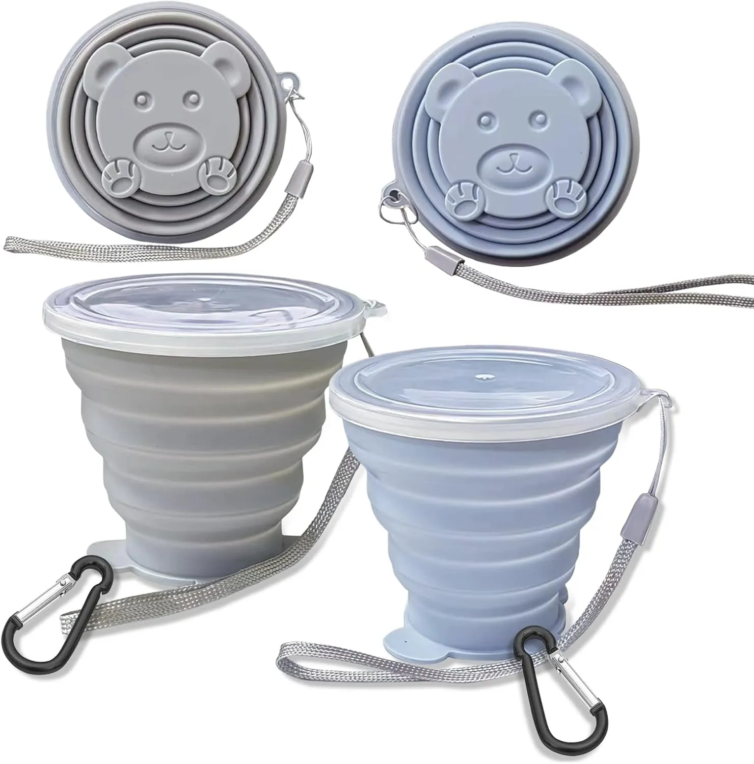 Collapsible Cup, Silicone Collapsible TravelCup, Expandable Folding Camping Drinking Cups with Lids Reusable Small Portable Mugs-Cup for Travel, Camping, Hiking,Outdoor Sports (blue&grey)