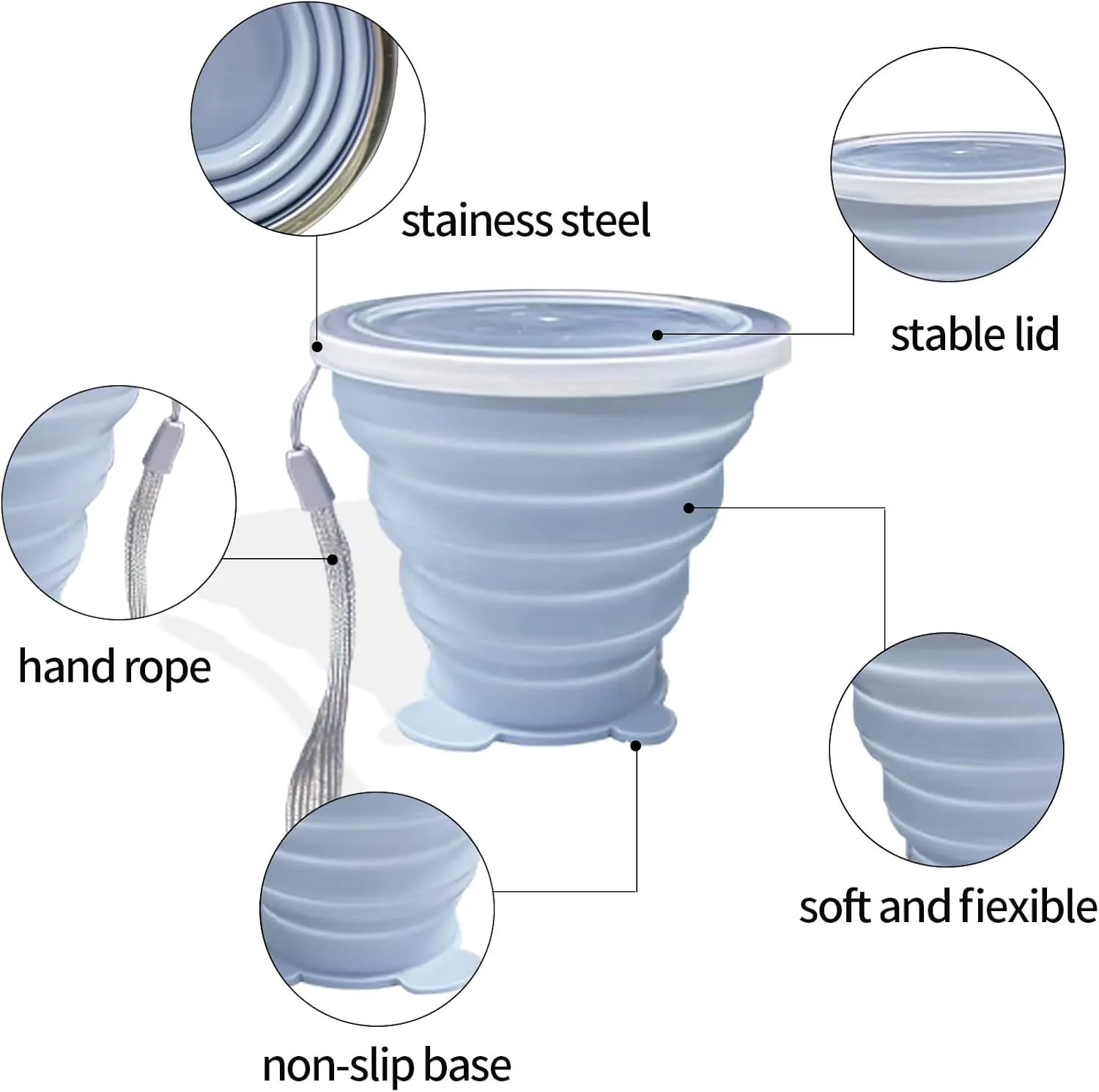 Collapsible Cup, Silicone Collapsible TravelCup, Expandable Folding Camping Drinking Cups with Lids Reusable Small Portable Mugs-Cup for Travel, Camping, Hiking,Outdoor Sports (blue&grey)