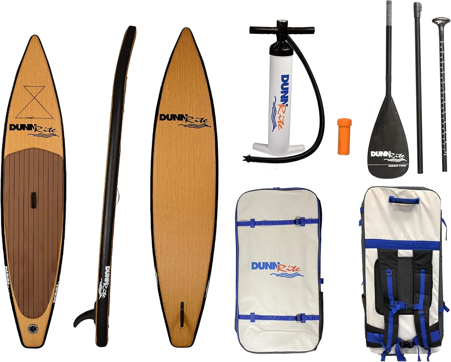 Dunnrite Products Inflatable Stand Up Paddle Board Kit (SUP with Carbon Fiber Paddle, Backpack Travel Bag, Pump, Fins, & Coiled Leash)