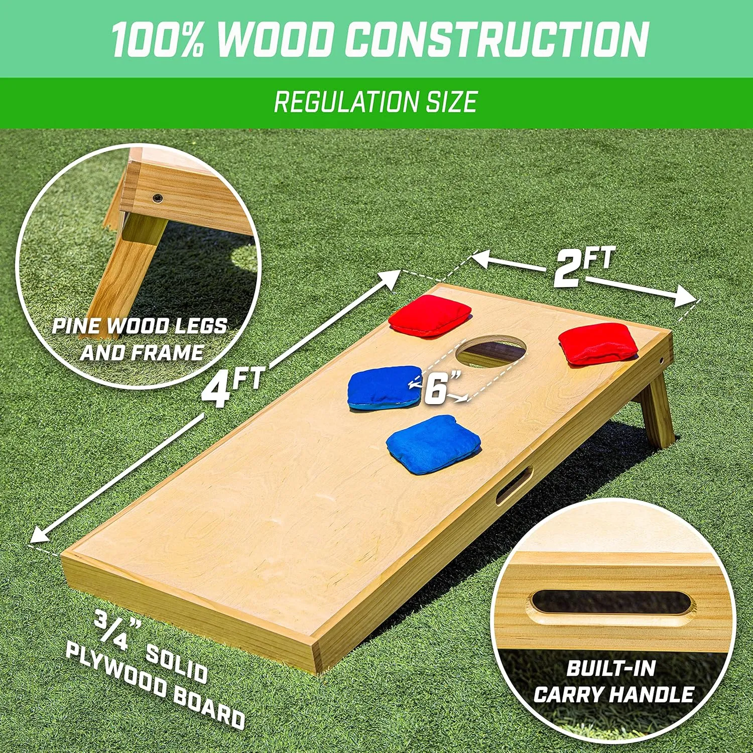 GoSports 4 ft x 2 ft Commercial Grade Cornhole Boards - Natural or Light Brown - Set Includes 8 Regulation Tournament Style Bean Bags
