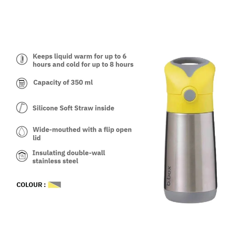 Insulated Straw Sipper Drink Water Bottle 350ml- Lemon Sherbet Yellow Grey