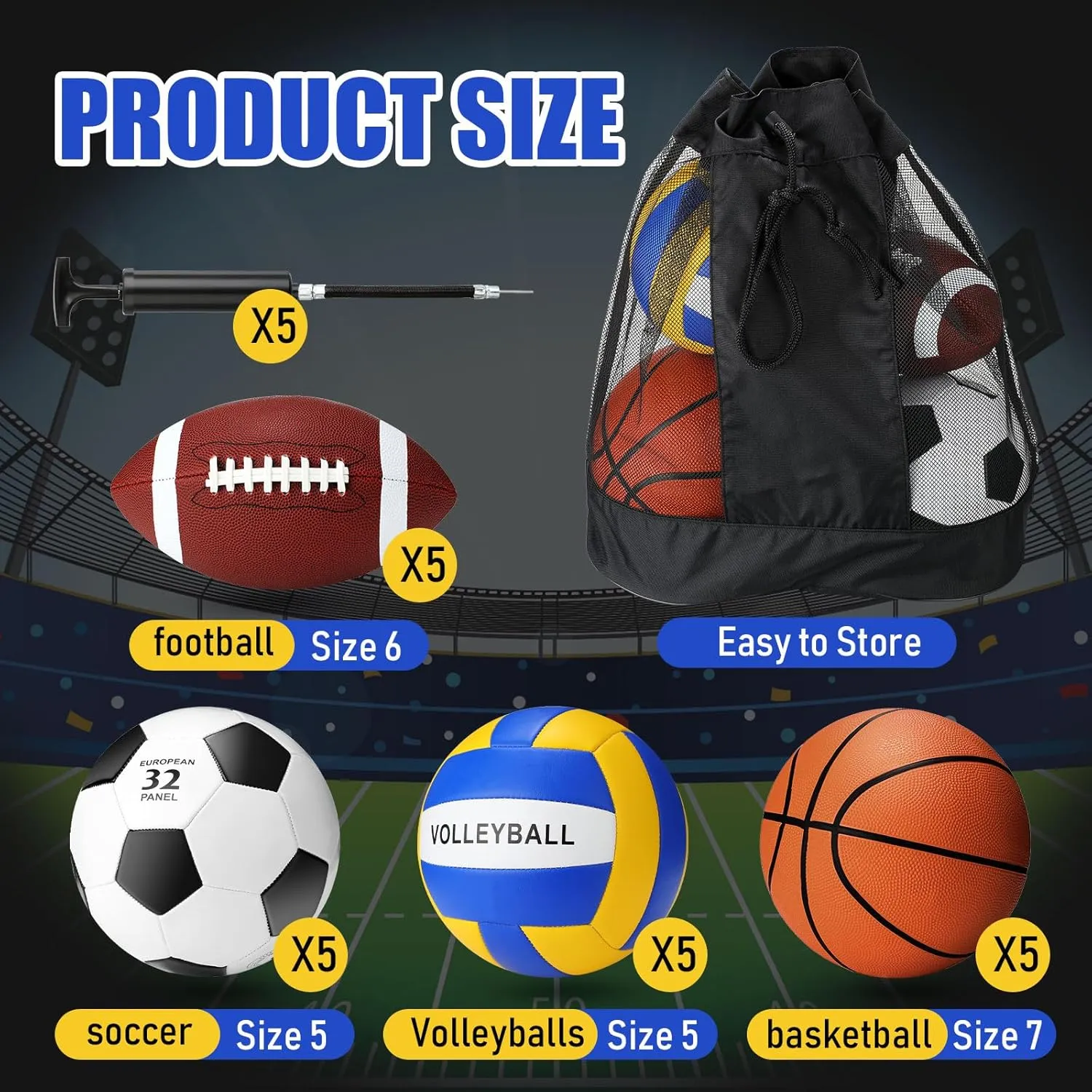 Jenaai Sport Balls Set Official Size Basketball Football Volleyball Soccer Ball with Equipment Bags and Pumps Kit for Kid Youth Adult Indoor Outdoor