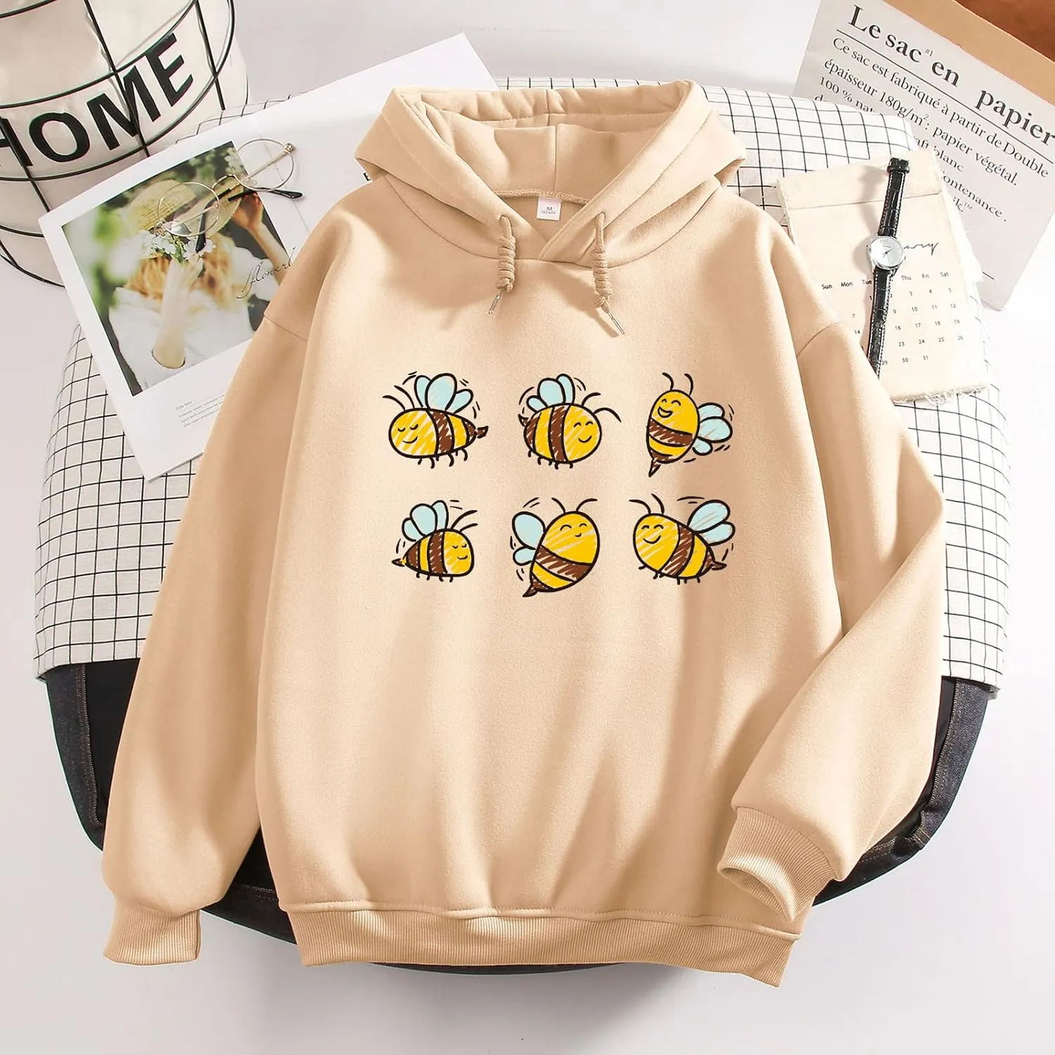 KEEVICI Cute Bee Hoodies For Teen Girls Kawaii Sweatshirt Animal Pattern Graphic Pullover Fleece Hooded Tops