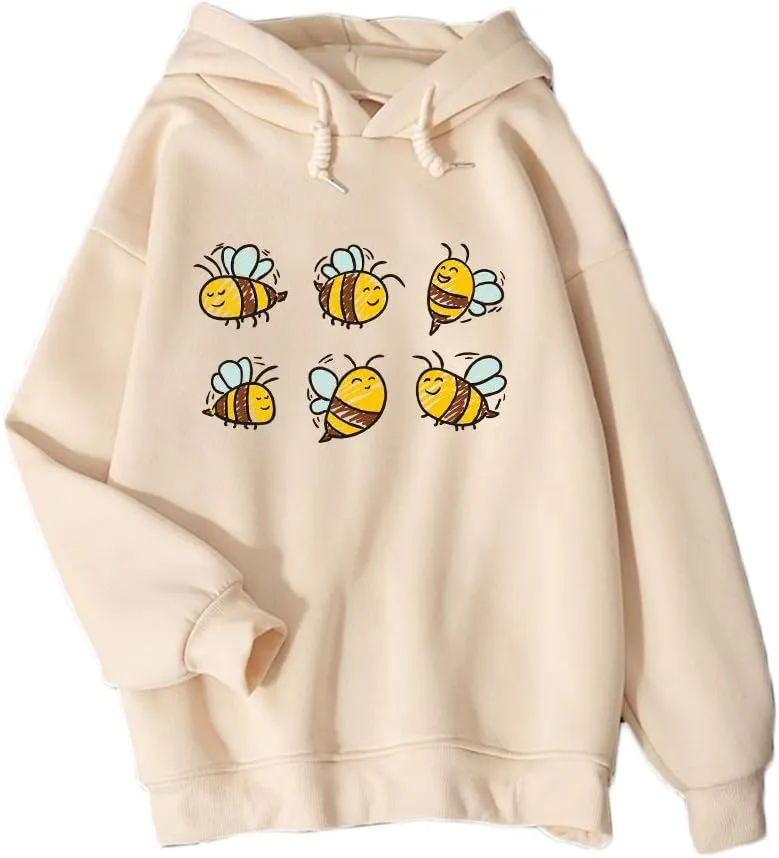 KEEVICI Cute Bee Hoodies For Teen Girls Kawaii Sweatshirt Animal Pattern Graphic Pullover Fleece Hooded Tops