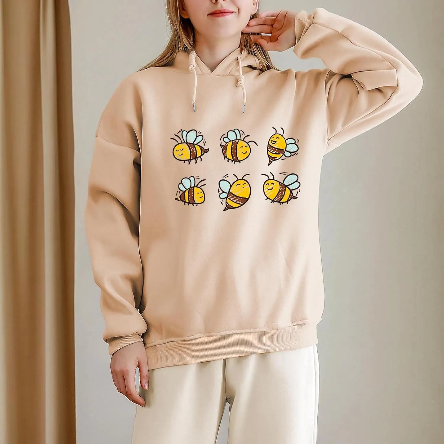 KEEVICI Cute Bee Hoodies For Teen Girls Kawaii Sweatshirt Animal Pattern Graphic Pullover Fleece Hooded Tops