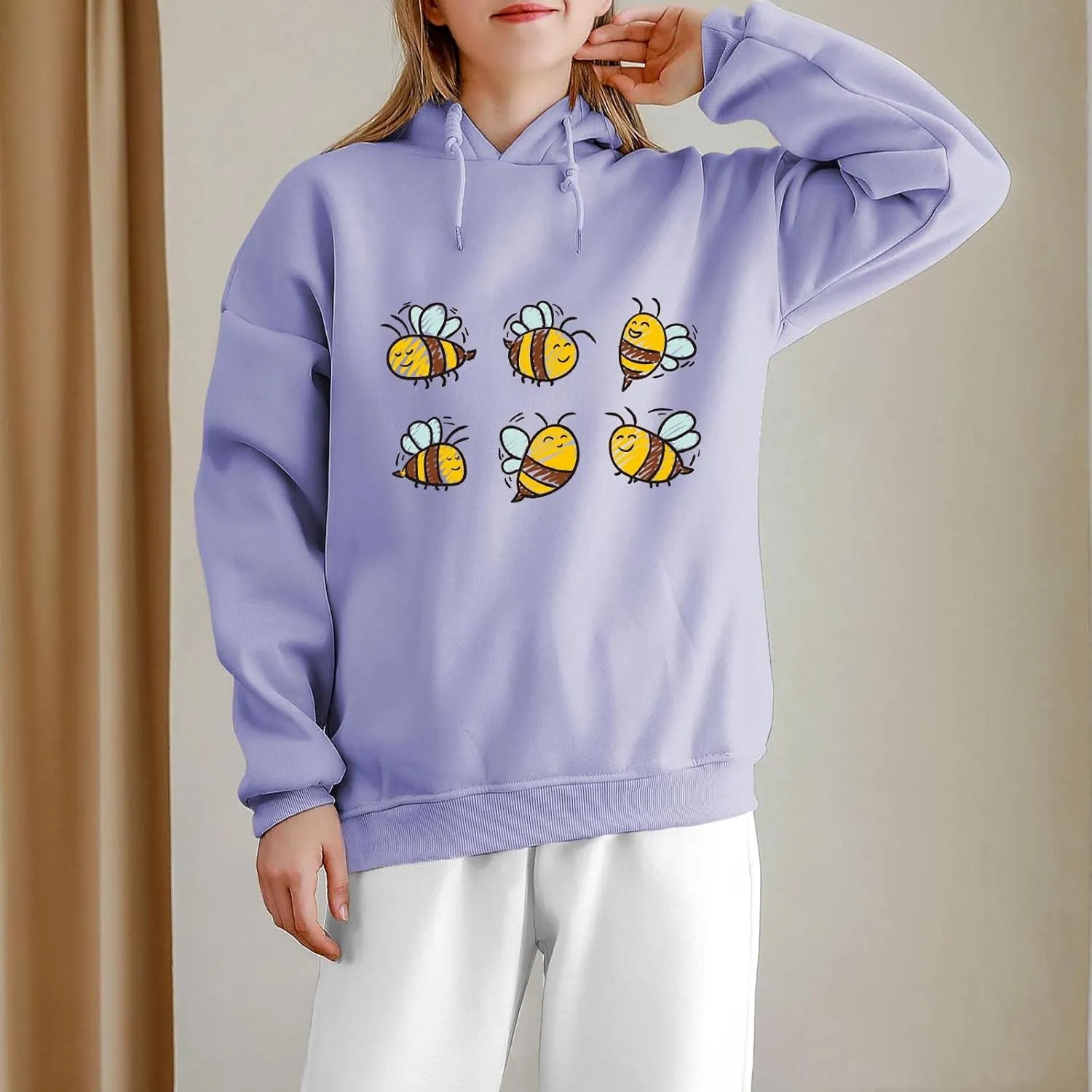 KEEVICI Cute Bee Hoodies For Teen Girls Kawaii Sweatshirt Animal Pattern Graphic Pullover Fleece Hooded Tops
