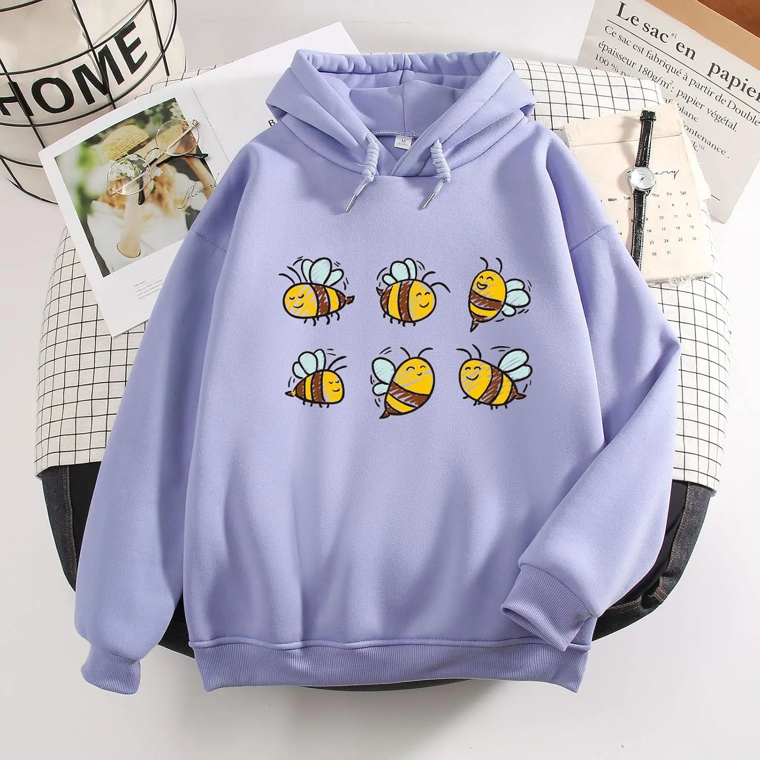 KEEVICI Cute Bee Hoodies For Teen Girls Kawaii Sweatshirt Animal Pattern Graphic Pullover Fleece Hooded Tops