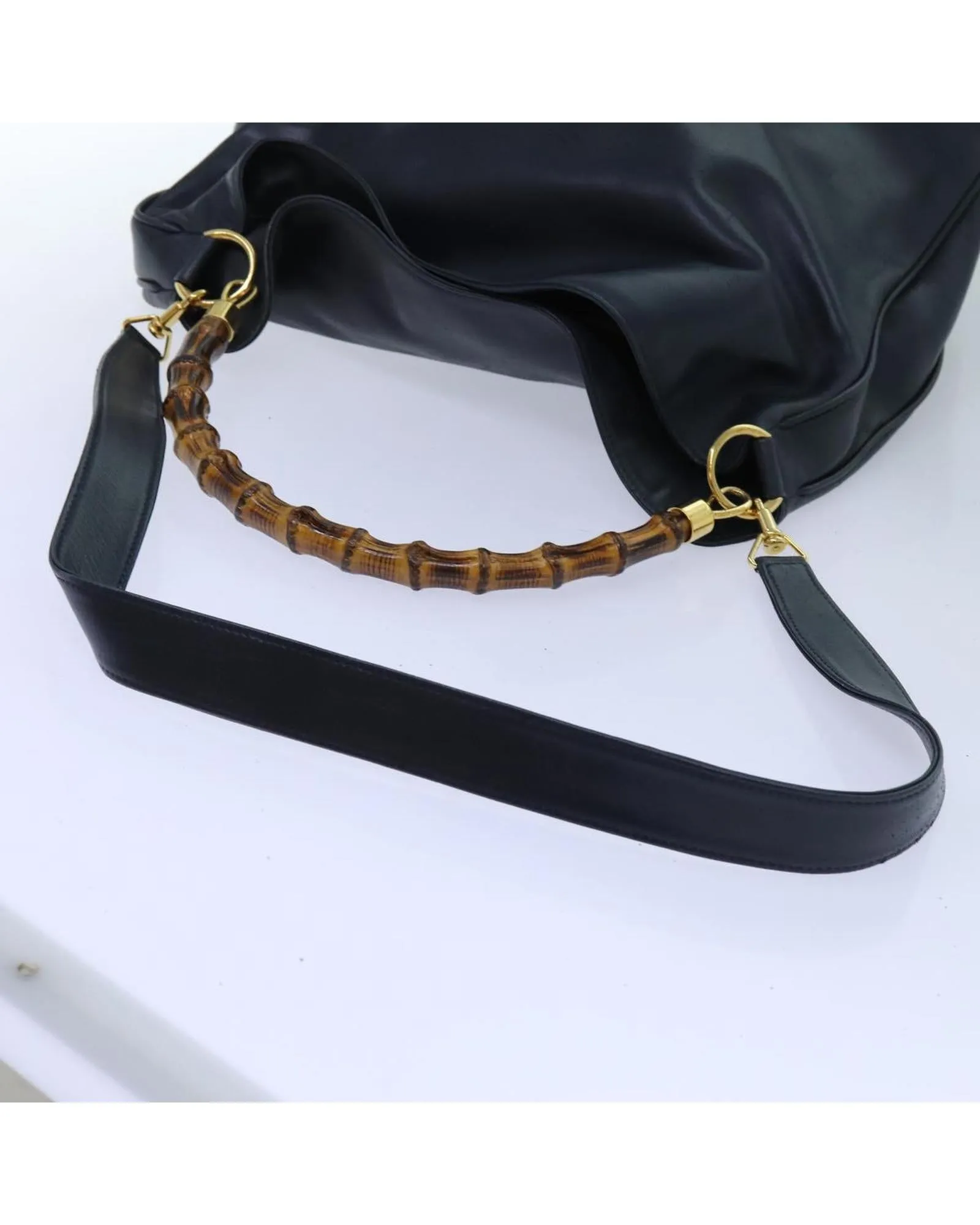 Navy Leather 2-Way Hand Bag with Bamboo Handle