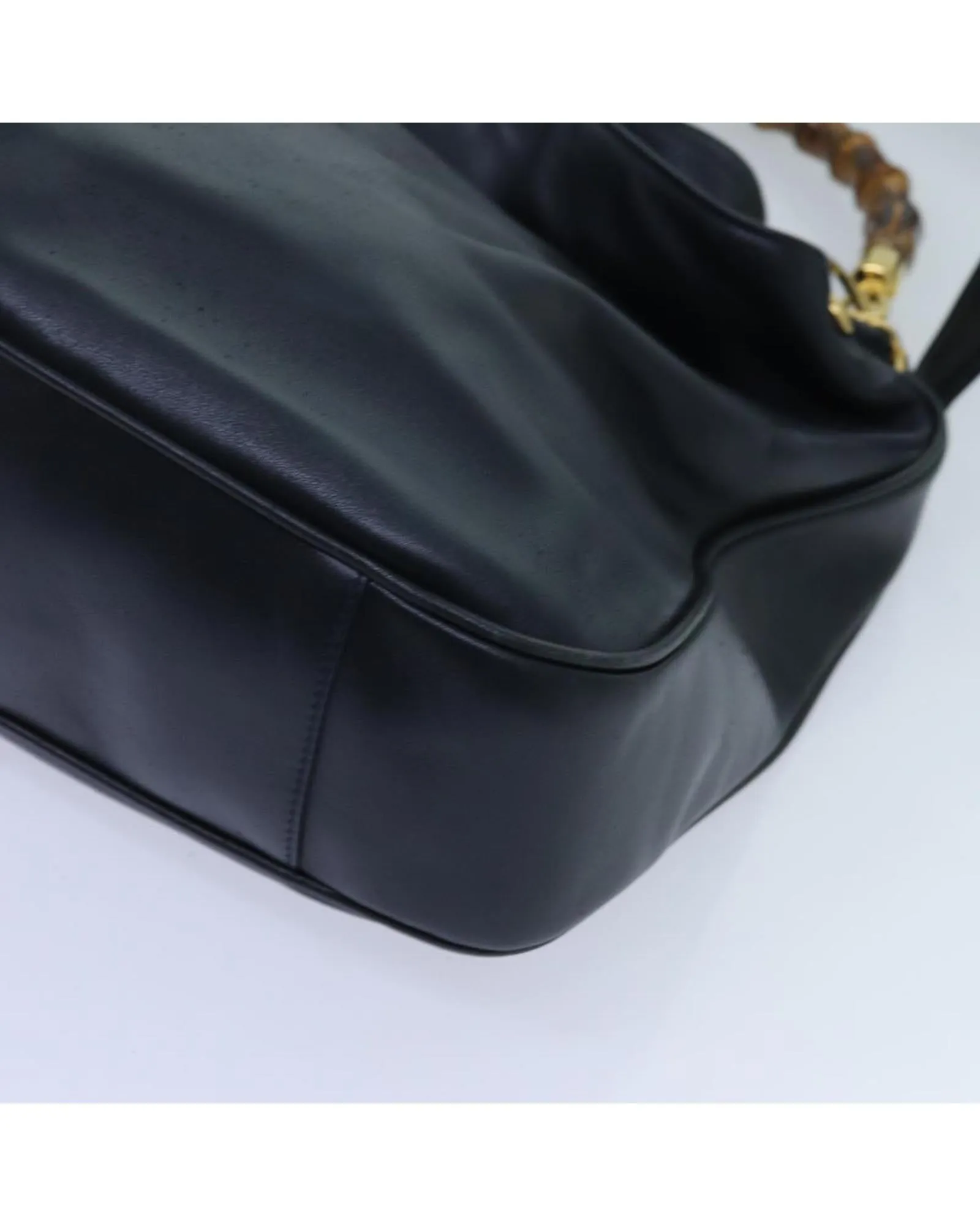 Navy Leather 2-Way Hand Bag with Bamboo Handle