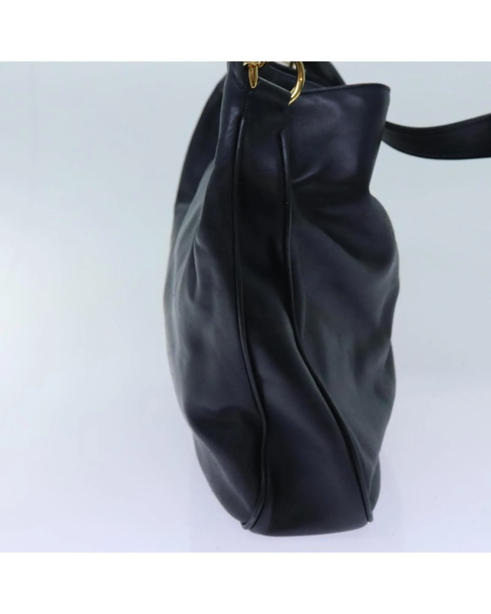 Navy Leather 2-Way Hand Bag with Bamboo Handle