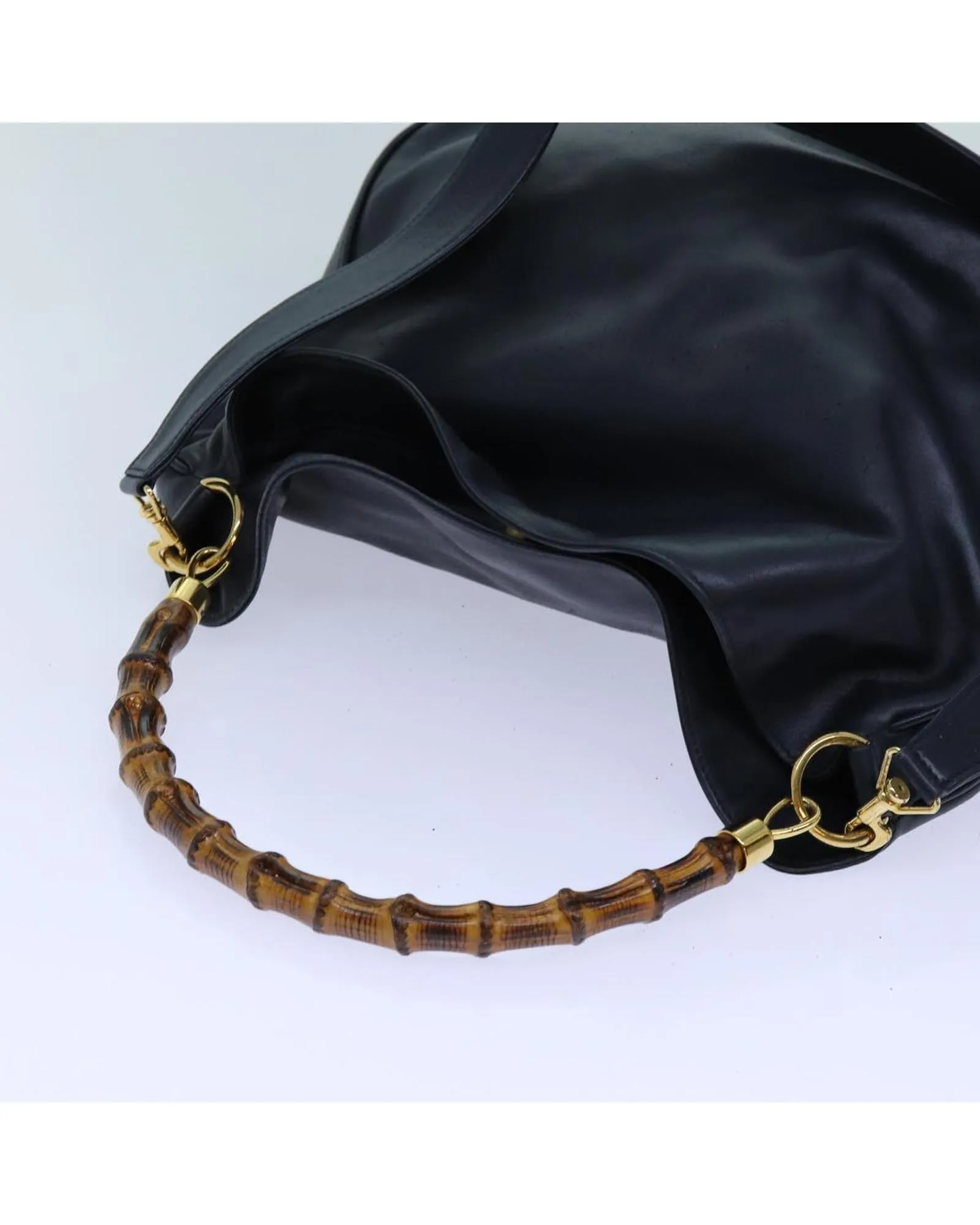 Navy Leather 2-Way Hand Bag with Bamboo Handle