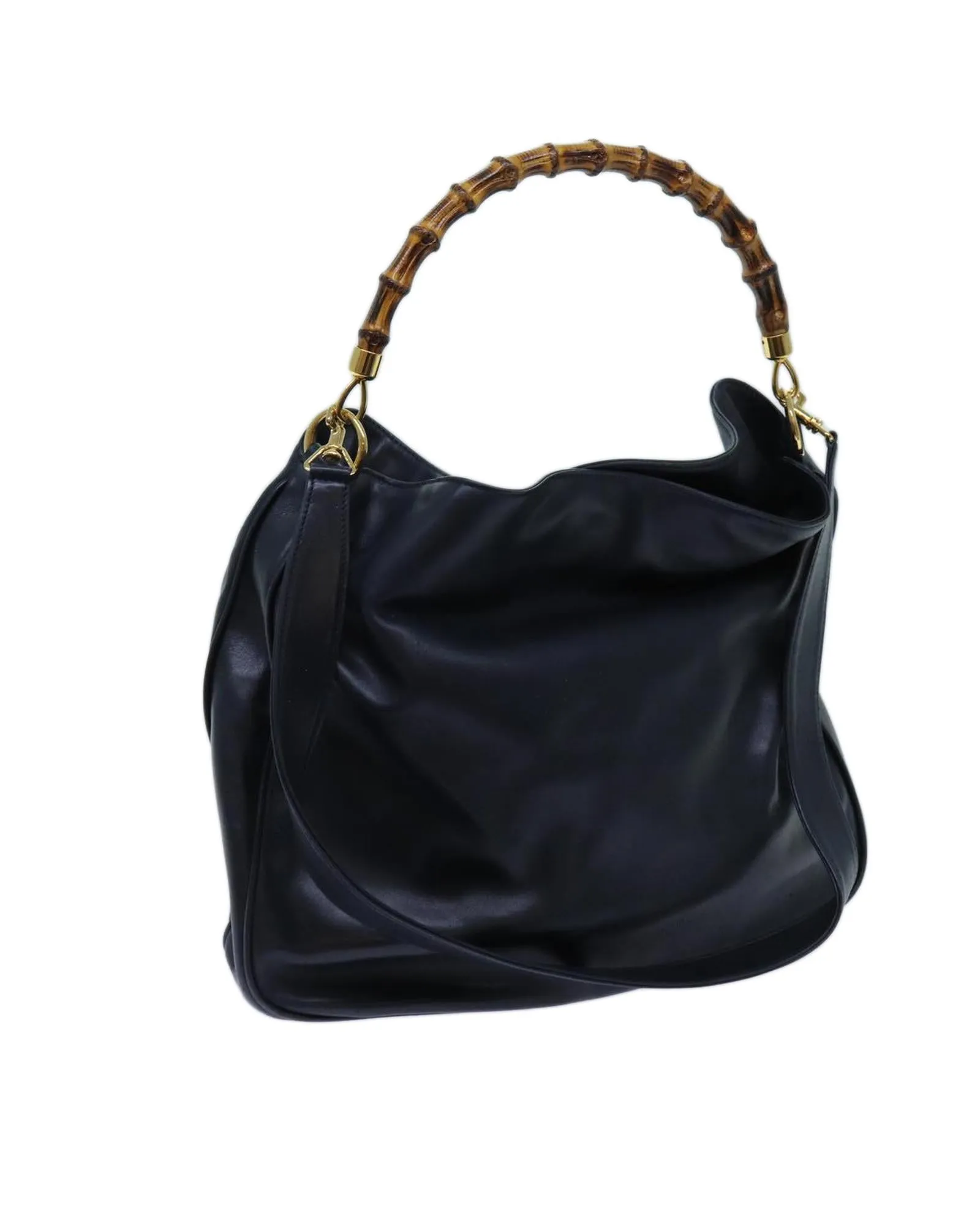 Navy Leather 2-Way Hand Bag with Bamboo Handle