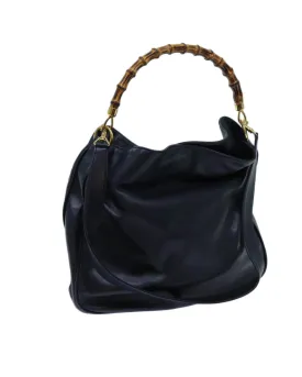 Navy Leather 2-Way Hand Bag with Bamboo Handle