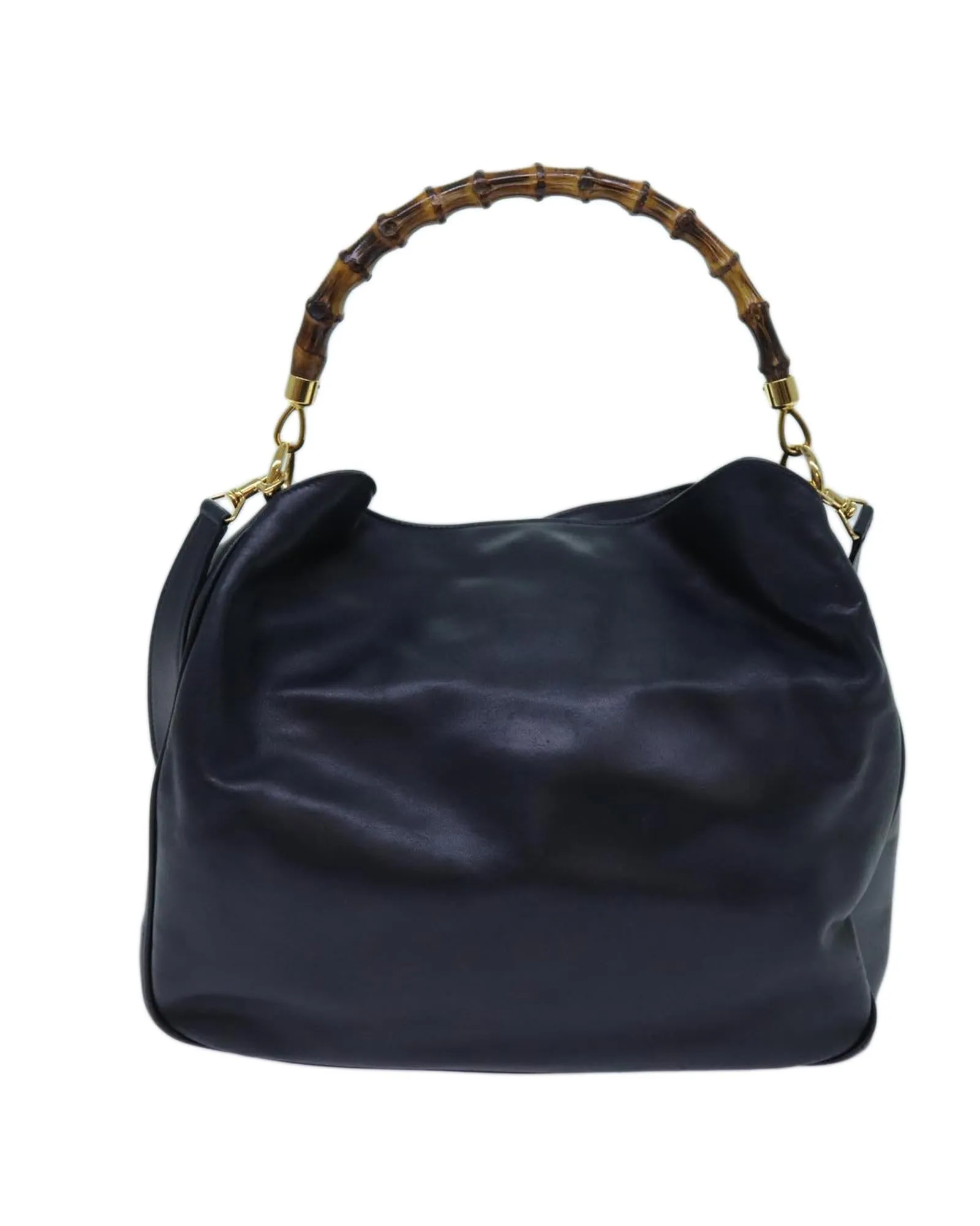 Navy Leather 2-Way Hand Bag with Bamboo Handle