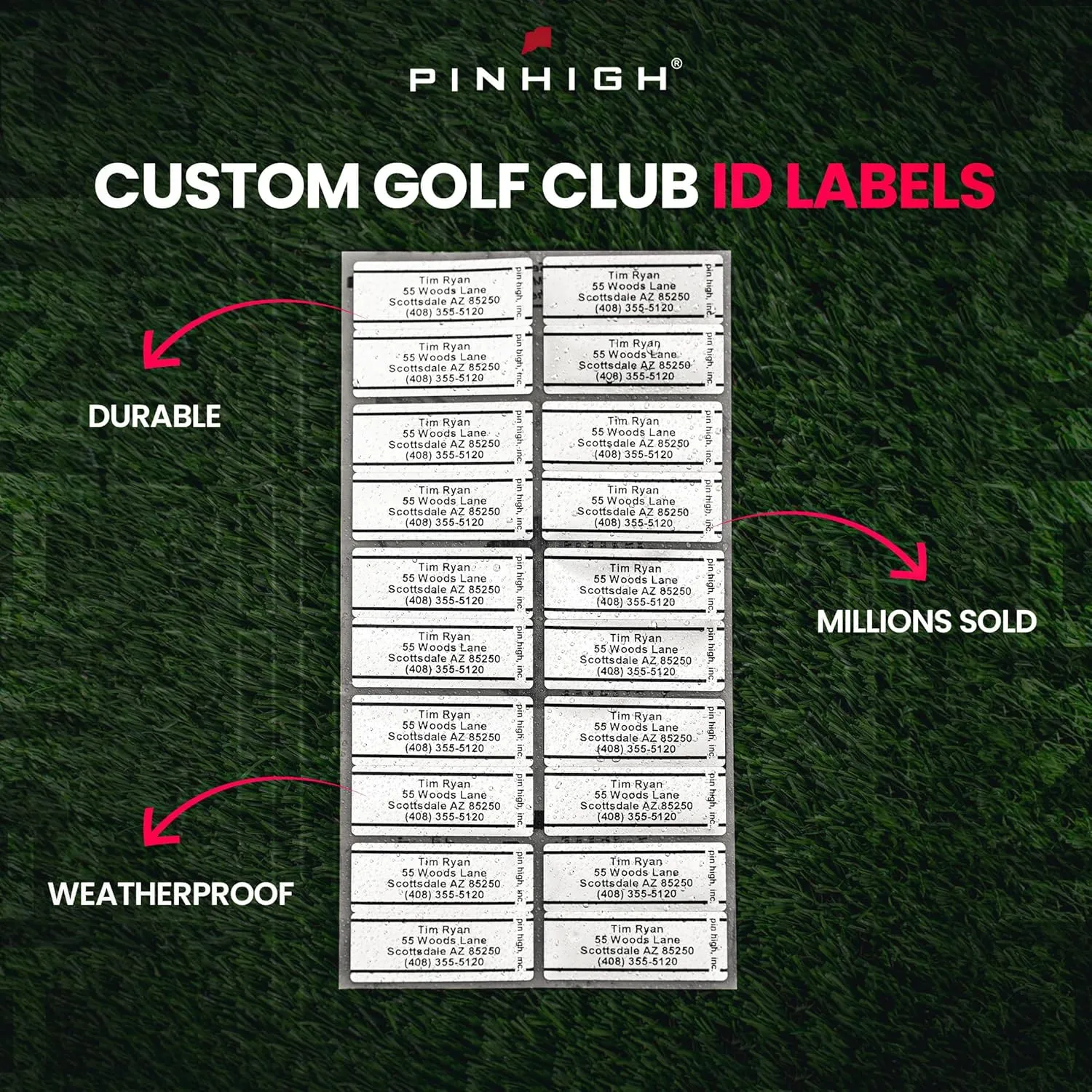 PIN HIGH Personalized Golf Club ID Labels | Weatherproof, Fade Resistant, Laminated Thermal Transfer Labels, Made in The USA, (Free Customization & Shipping), Set of 40, Chrome