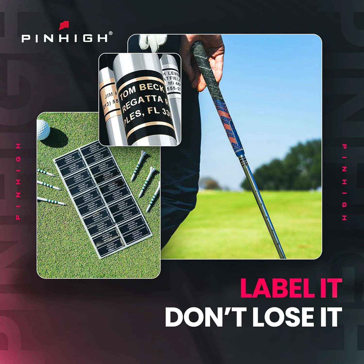 PIN HIGH Personalized Golf Club ID Labels | Weatherproof, Fade Resistant, Laminated Thermal Transfer Labels, Made in The USA, (Free Customization & Shipping), Set of 40, Chrome