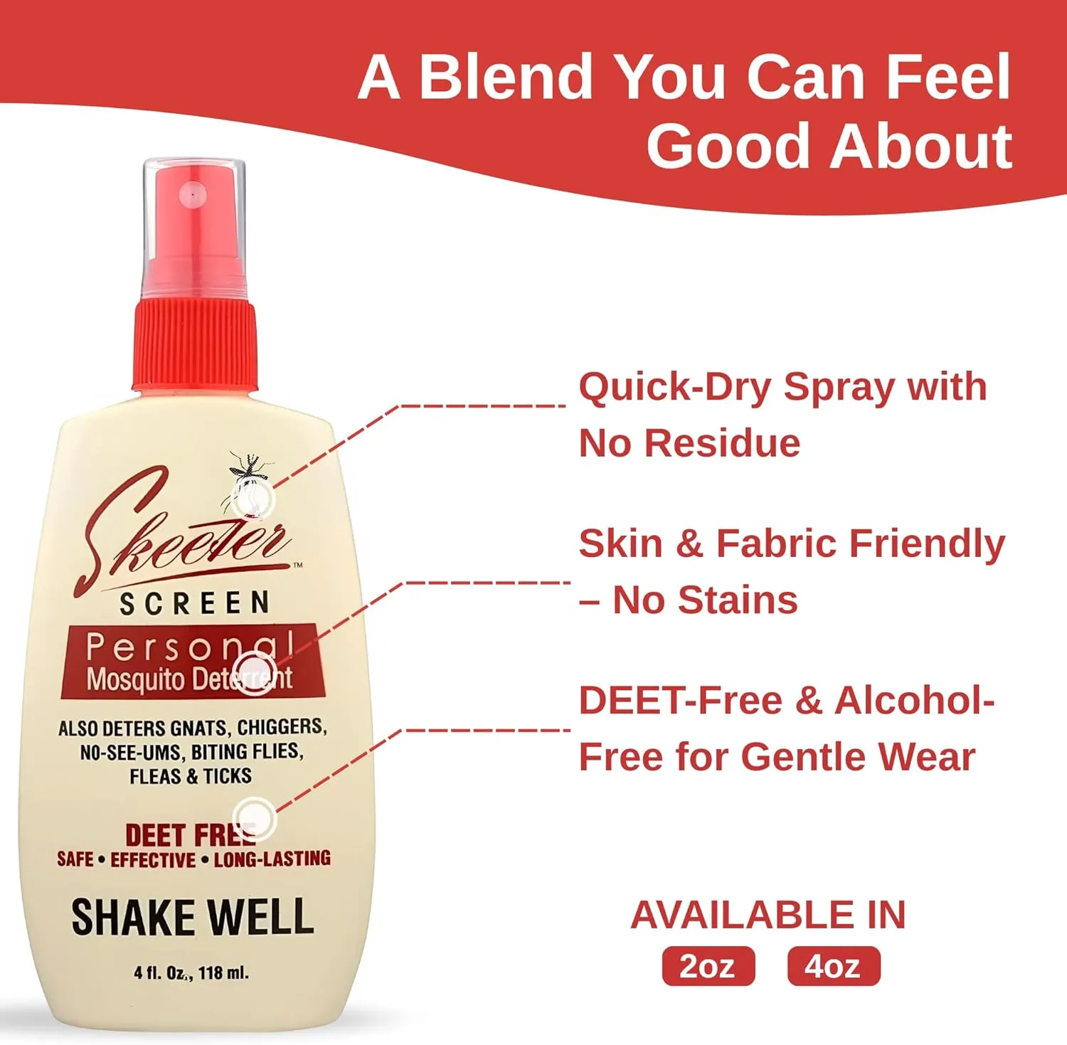 Skeeter Screen 90200 Mosquito Deterrent Spray  DEET-Free Essential Oil Blend  4 Fl Oz Pump  Safe for Skin & Clothes  Non-Staining, Alcohol-Free  Cedar, Peppermint, Rosemary, Thyme