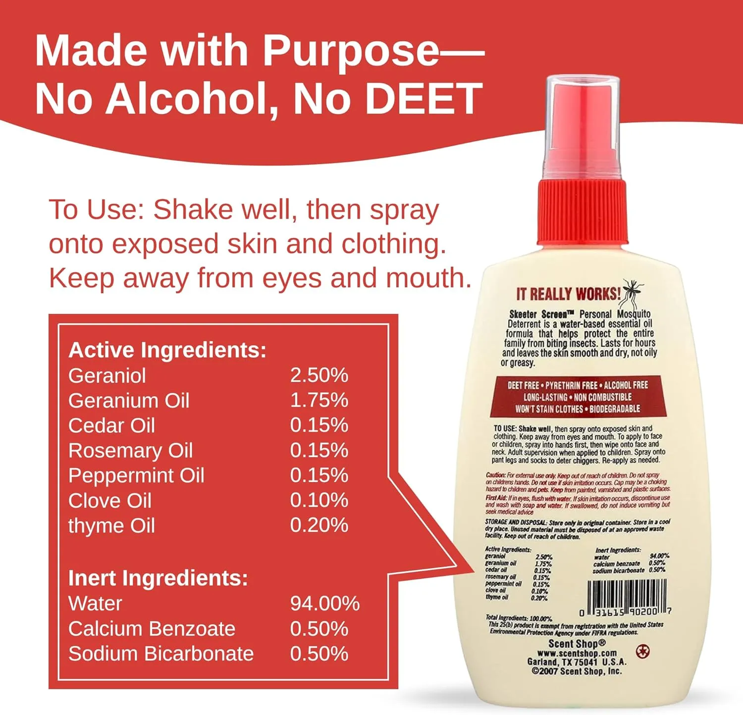 Skeeter Screen 90200 Mosquito Deterrent Spray  DEET-Free Essential Oil Blend  4 Fl Oz Pump  Safe for Skin & Clothes  Non-Staining, Alcohol-Free  Cedar, Peppermint, Rosemary, Thyme