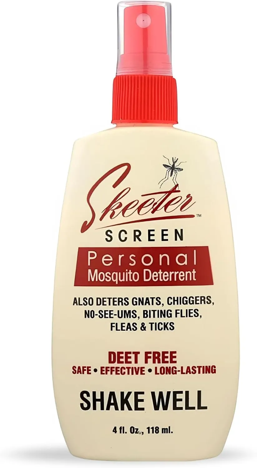 Skeeter Screen 90200 Mosquito Deterrent Spray  DEET-Free Essential Oil Blend  4 Fl Oz Pump  Safe for Skin & Clothes  Non-Staining, Alcohol-Free  Cedar, Peppermint, Rosemary, Thyme