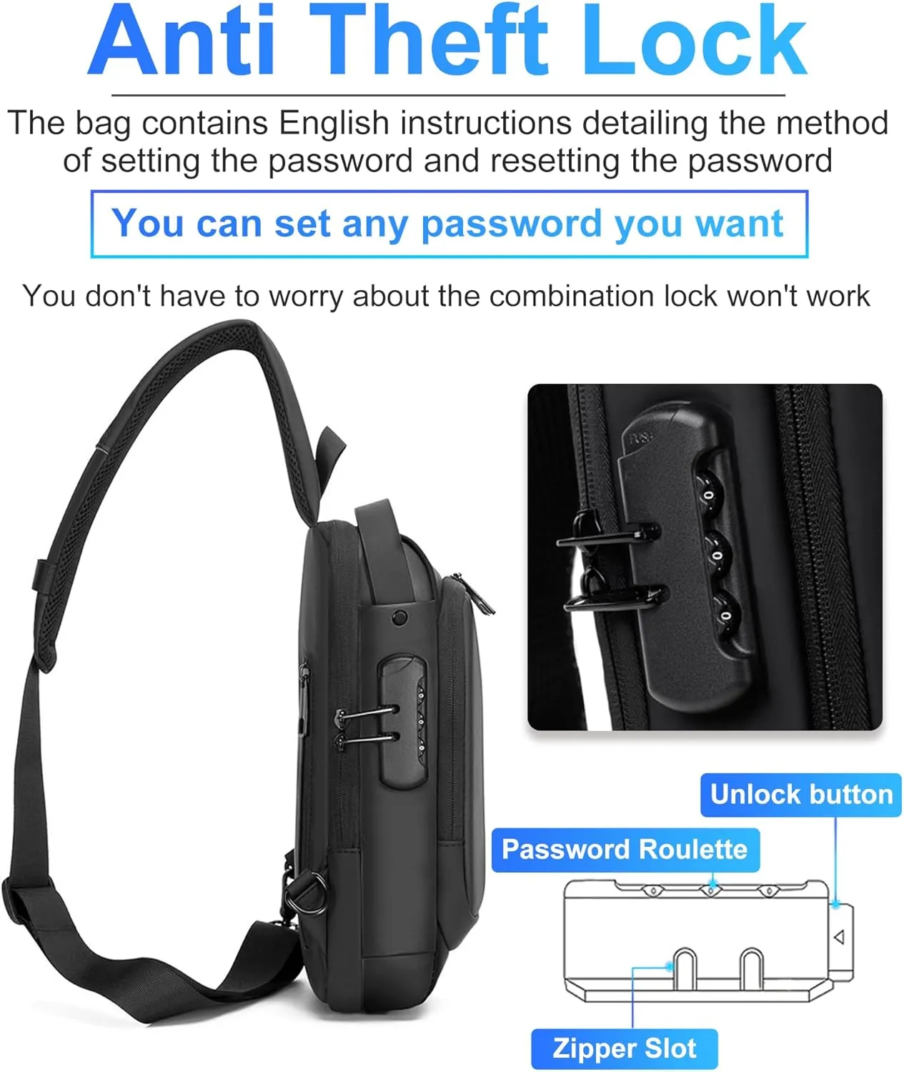 Sling Bag for Men Anti-Theft USB Crossbody Backpack Waterproof Chest Daypack