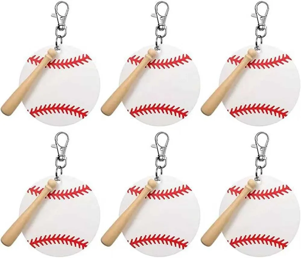 Teensery 6 Pcs Acrylic Baseball Keychain with Mini Baseball Softball Bat and Swivel Snap Hook for DIY Sports Party Favor