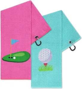 Vansolinne Golf Gifts for Women Golf Towels for Golf Bags with Clips Accessories Microfiber Waffle Pattern Pink Blue for Golf Fan Funny Birthday Retirement Gifts, Set of 2