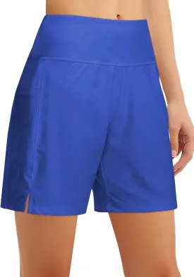 Women's 4" High-Waisted Swim Board Shorts with Liner and Pockets  Quick-Dry Beach & Swimming Shorts